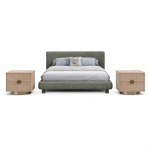 Pemberly Row Set of 3 Green Chenille Queen Bed and 2 Oak Nightstands