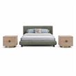 Pemberly Row Set of 3 Green Chenille Queen Bed and 2 Oak Nightstands
