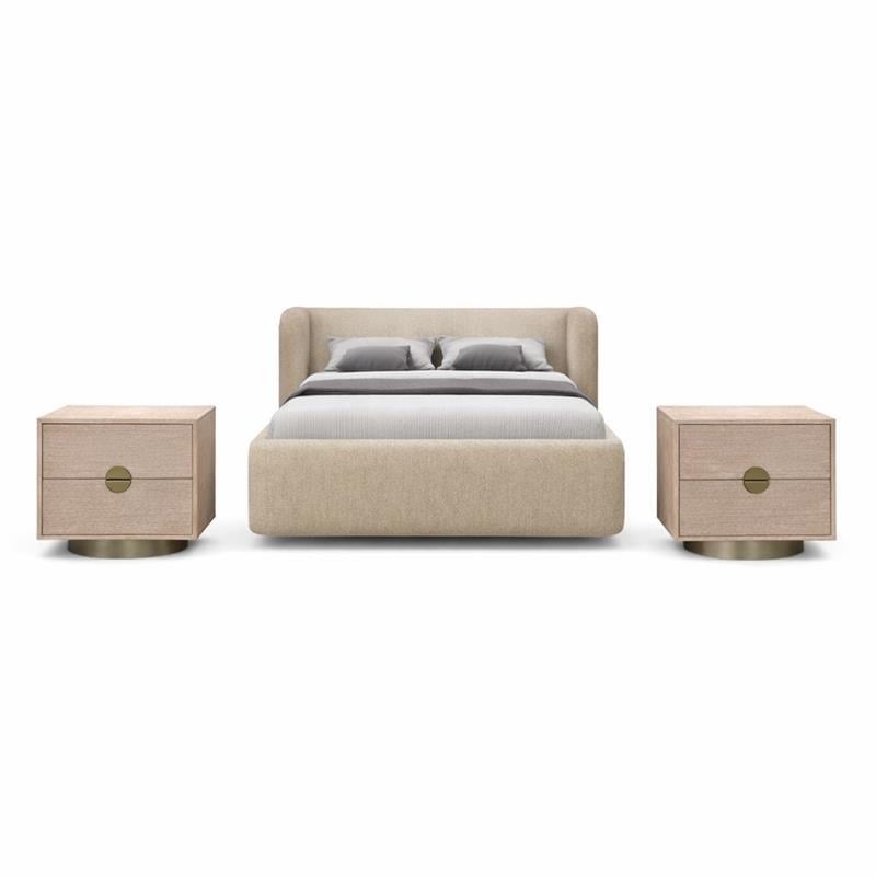 Pemberly Row Set of 3 Beige Chenille Full Bed and 2 Natural Oak Nightstands