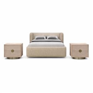 Pemberly Row Set of 3 Beige Chenille Full Bed and 2 Natural Oak Nightstands