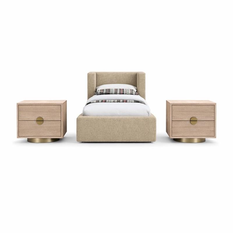 Pemberly Row Set of 3 Beige Chenille Twin Bed and 2 Natural Oak Nightstands