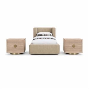 Pemberly Row Set of 3 Beige Chenille Twin Bed and 2 Natural Oak Nightstands