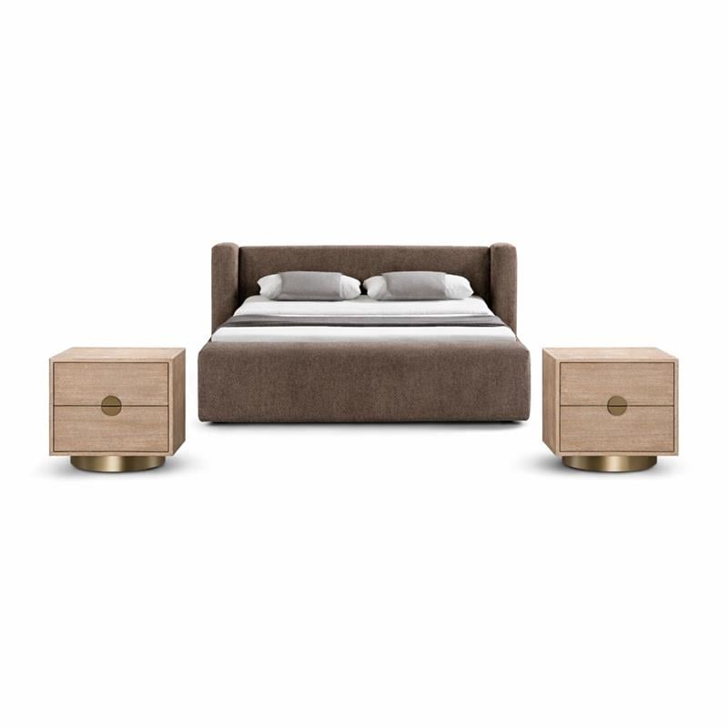 Pemberly Row Set of 3 Brown Chenille Full Bed and 2 Natural Oak Nightstands