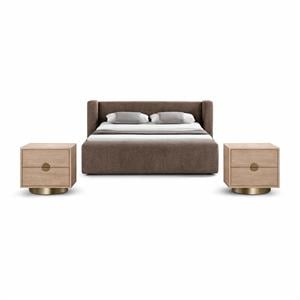 Pemberly Row Set of 3 Brown Chenille Full Bed and 2 Natural Oak Nightstands