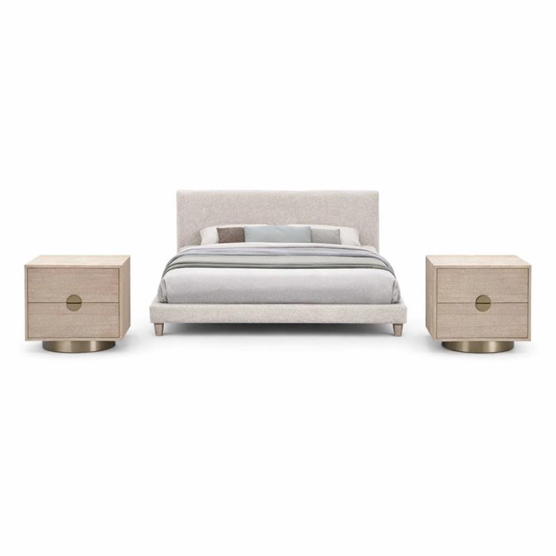 Pemberly Row Set of 3 Beige Upholstered Full Bed and 2 Oak Nightstands