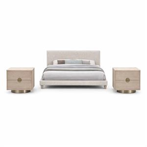 Pemberly Row Set of 3 Beige Upholstered Full Bed and 2 Oak Nightstands