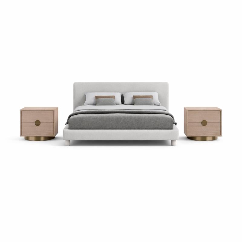 Pemberly Row Set of 3 Cream Upholstered Queen Bed and 2 Oak Nightstands