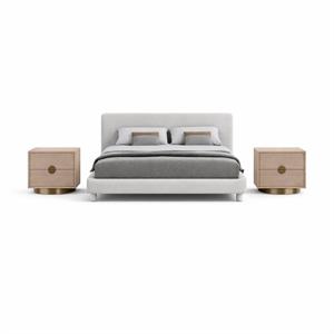 Pemberly Row Set of 3 Cream Upholstered Queen Bed and 2 Oak Nightstands