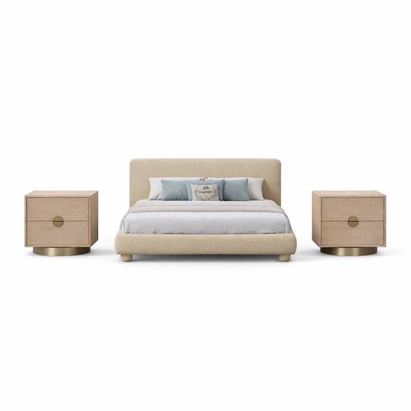 Pemberly Row Set of 3 Beige Chenille Full Bed and 2 Natural Oak Nightstands