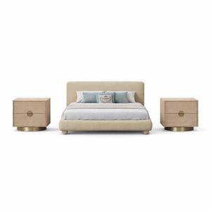 Pemberly Row Set of 3 Beige Chenille Full Bed and 2 Natural Oak Nightstands