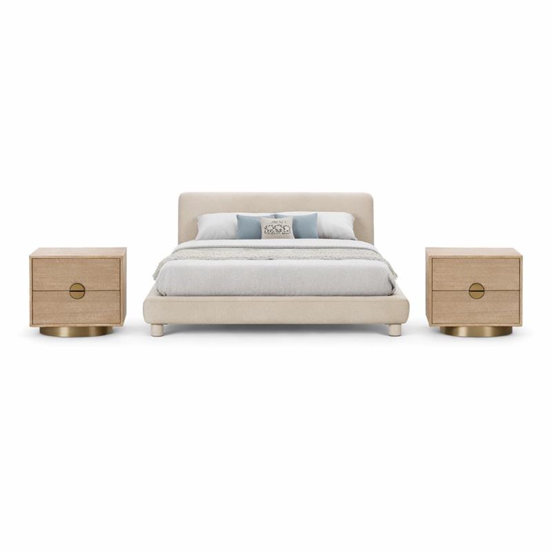 Pemberly Row Set of 3 Beige Chenille King Bed and 2 Natural Oak Nightstands