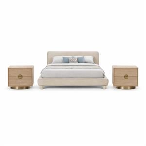 Pemberly Row Set of 3 Beige Chenille King Bed and 2 Natural Oak Nightstands