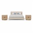 Pemberly Row Set of 3 Beige Chenille King Bed and 2 Natural Oak Nightstands