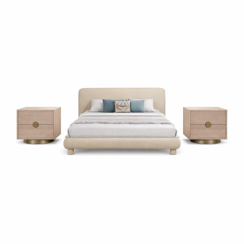 Pemberly Row Set of 3 Beige Chenille Queen Bed and 2 Oak Nightstands