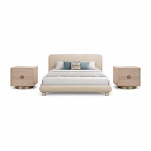 Pemberly Row Set of 3 Beige Chenille Queen Bed and 2 Oak Nightstands