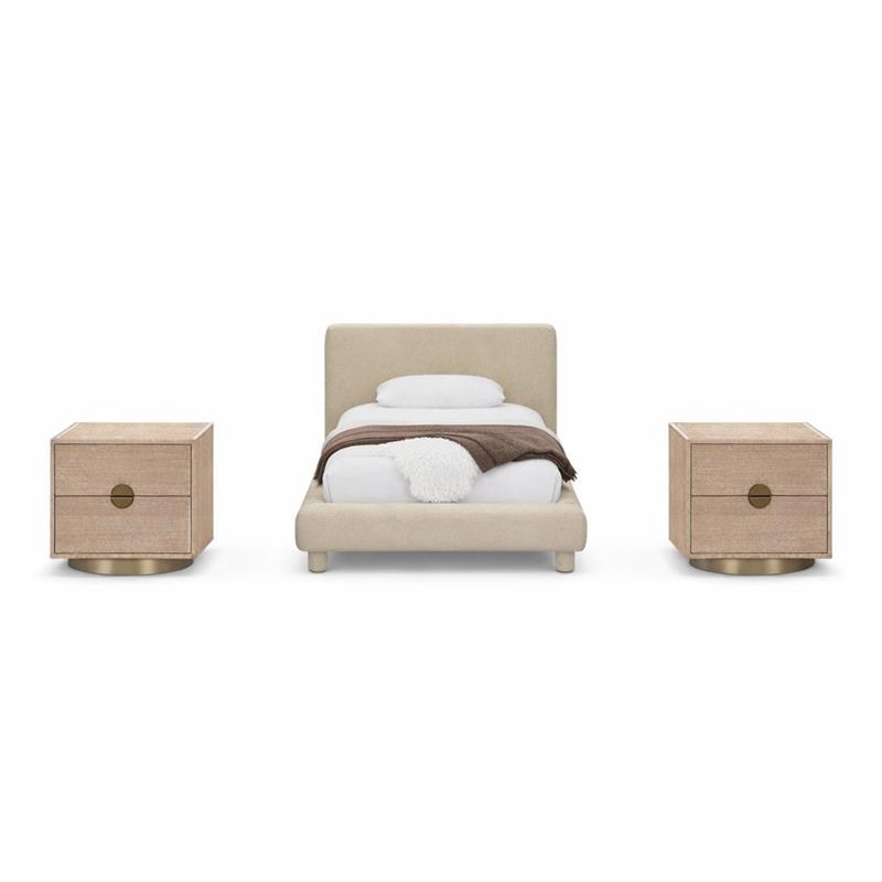 Pemberly Row Set of 3 Beige Chenille Twin Bed and 2 Natural Oak Nightstands