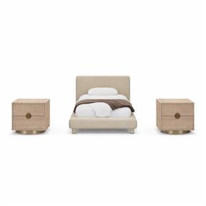 Pemberly Row Set of 3 Beige Chenille Twin Bed and 2 Natural Oak Nightstands