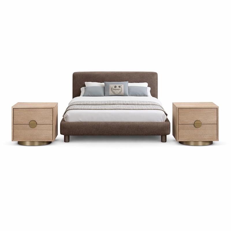 Pemberly Row Set of 3 Brown Chenille Full Bed and 2 Natural Oak Nightstands