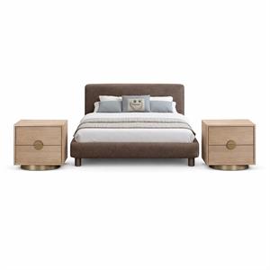 Pemberly Row Set of 3 Brown Chenille Full Bed and 2 Natural Oak Nightstands