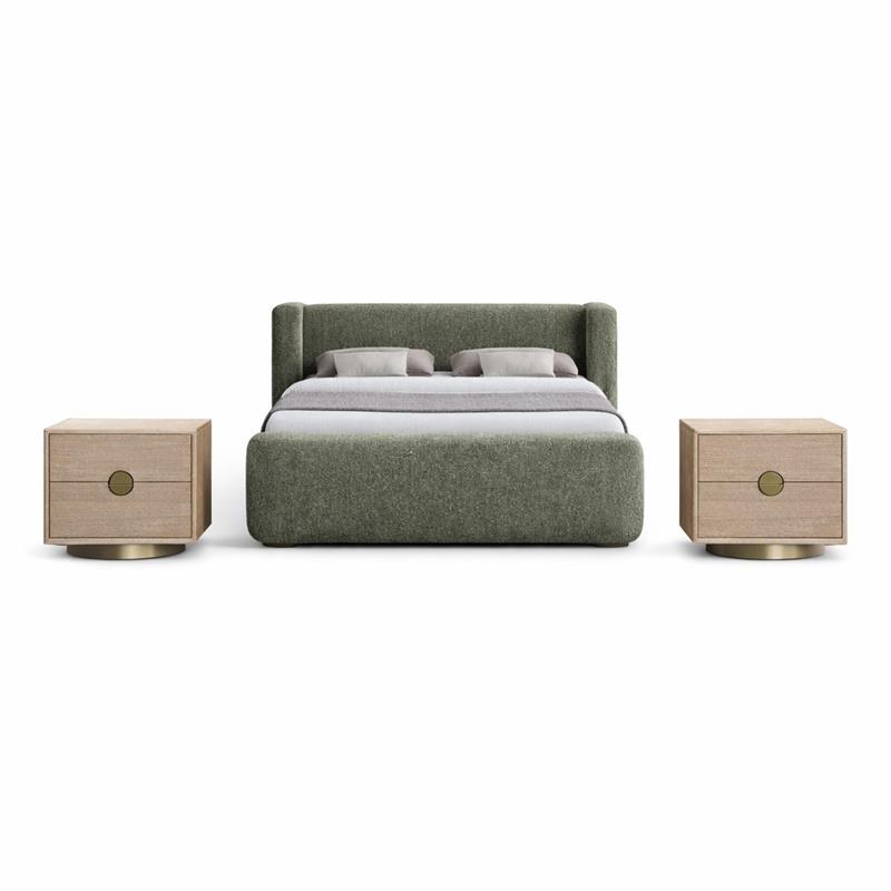Pemberly Row Set of 3 Green Chenille Queen Bed and 2 Oak Nightstands
