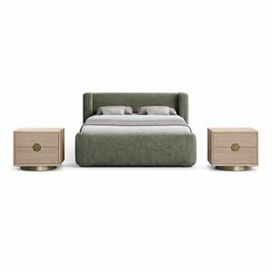 Pemberly Row Set of 3 Green Chenille Queen Bed and 2 Oak Nightstands