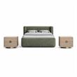 Pemberly Row Set of 3 Green Chenille Queen Bed and 2 Oak Nightstands
