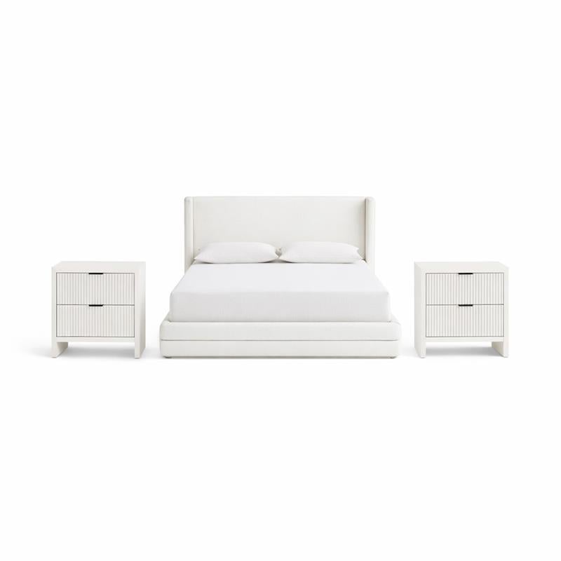 Pemberly Row Set of 3 Cream Linen Full Bed and 2 Fluted Cream Nightstands