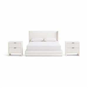Pemberly Row Set of 3 Cream Linen Full Bed and 2 Fluted Cream Nightstands