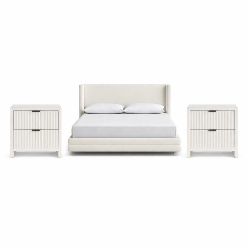 Pemberly Row Set of 3 Cream Linen Queen Bed and 2 Fluted Cream Nightstands