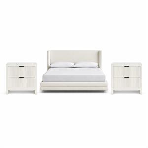 Pemberly Row Set of 3 Cream Linen Queen Bed and 2 Fluted Cream Nightstands