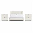 Pemberly Row Set of 3 Cream Linen Queen Bed and 2 Fluted Cream Nightstands