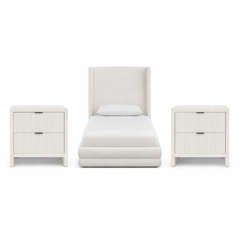 Pemberly Row Set of 3 Cream Linen Twin Bed and 2 Fluted Cream Nightstands
