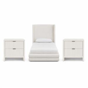 Pemberly Row Set of 3 Cream Linen Twin Bed and 2 Fluted Cream Nightstands