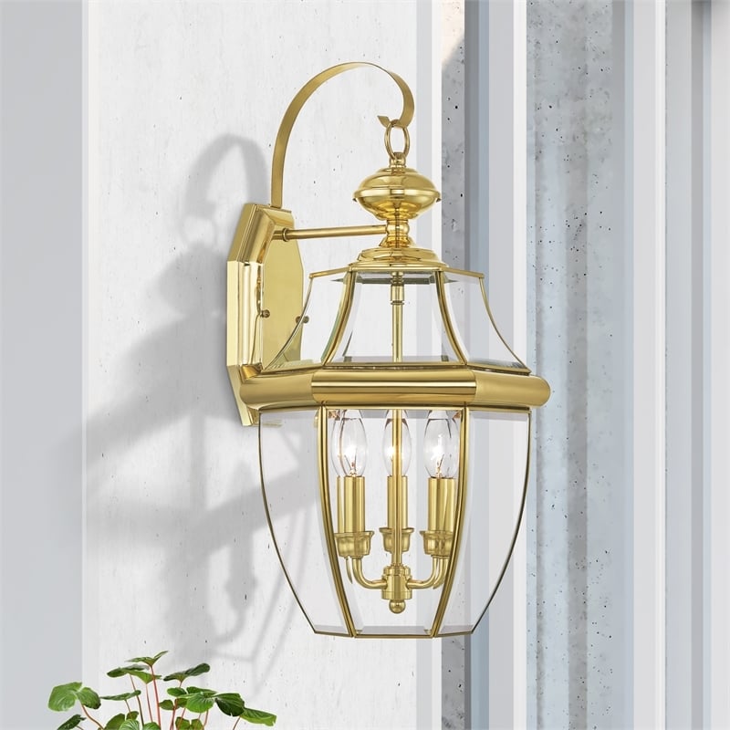 Beaumont Lane 3 Light Outdoor Wall Lantern in Polished Brass