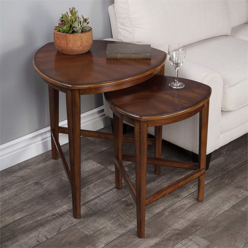 Beaumont Lane Wood Antique Cherry Nesting Table Triangular Distressed 26.25