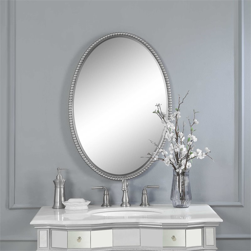 Beaumont Lane Beaded Metal Oval Wall Mirror in Brushed Nickel