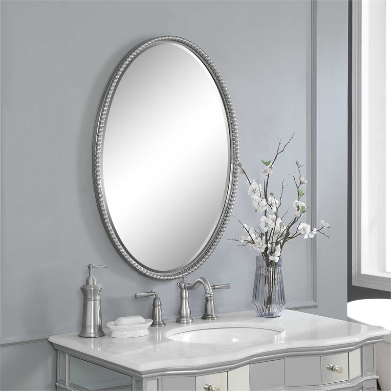 Beaumont Lane Beaded Metal Oval Wall Mirror in Brushed Nickel