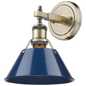 beaumont lane steel vanity light in aged brass and navy blue