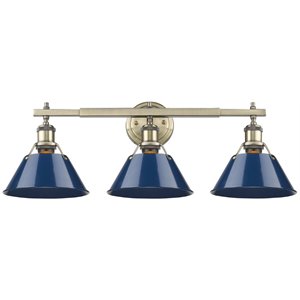beaumont lane 3 light steel vanity light in aged brass and navy blue