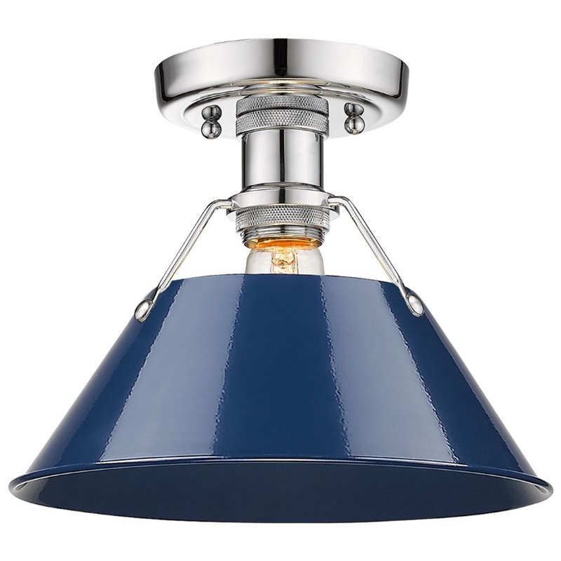 Beaumont Lane Flush Mount In Chrome With Navy Blue Shade Lighting