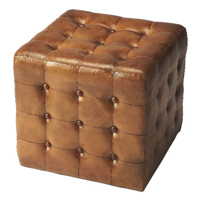 Beaumont Lane Modern Leather/Plywood Square Ottoman in Brown