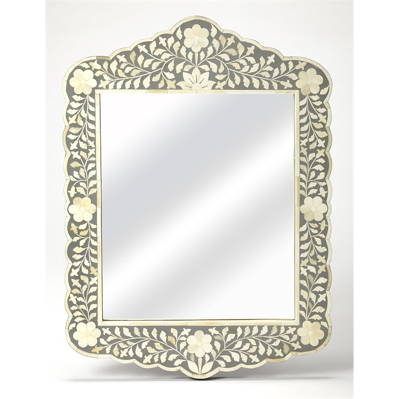 Beaumont Lane Bohemian Artisan Bone Inlay Wall Mirror in Gray