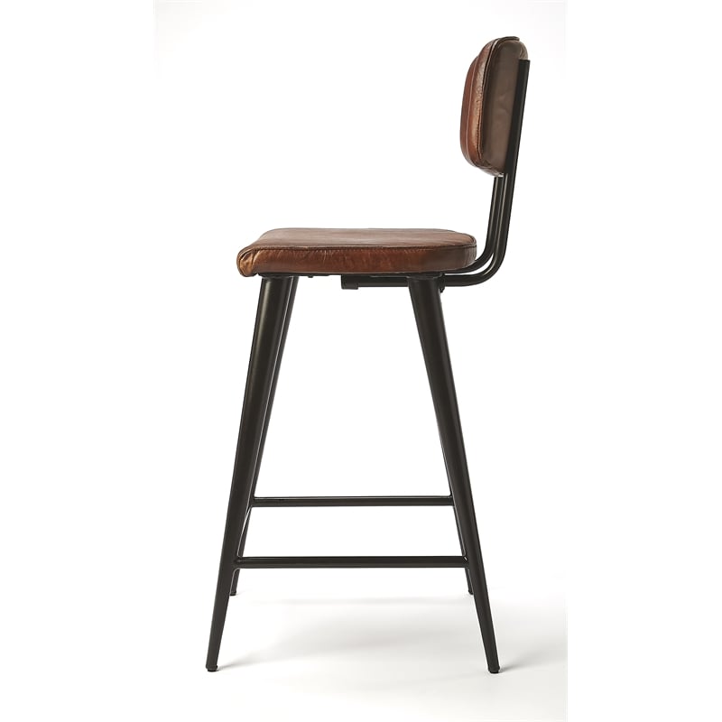 Beaumont Lane Rustic Industrial Leather Counter Stool in Brown