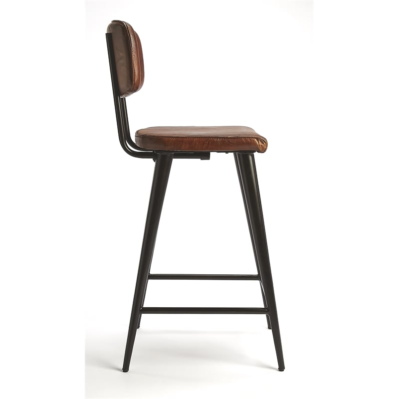 Beaumont Lane Rustic Industrial Leather Counter Stool in Brown