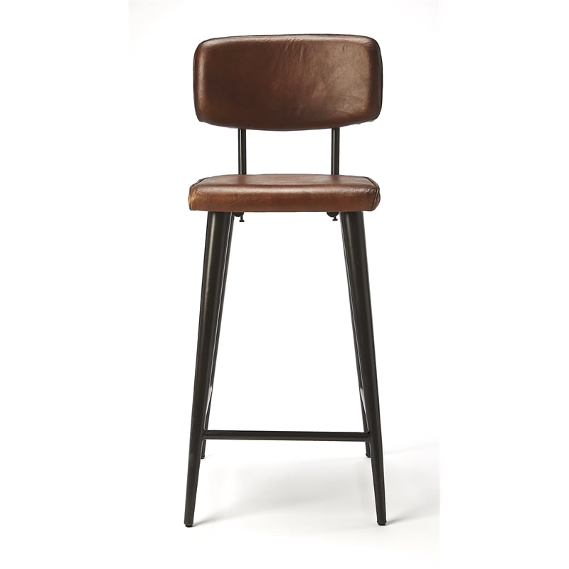 Beaumont Lane Rustic Industrial Leather Counter Stool in Brown