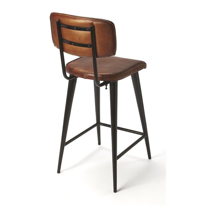 Beaumont Lane Rustic Industrial Leather Counter Stool in Brown
