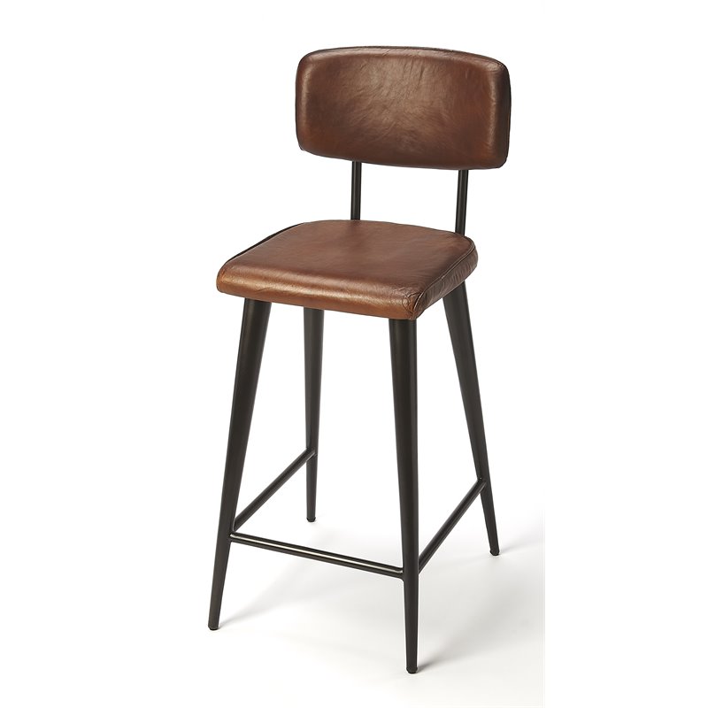 Beaumont Lane Rustic Industrial Leather Counter Stool in Brown Cymax