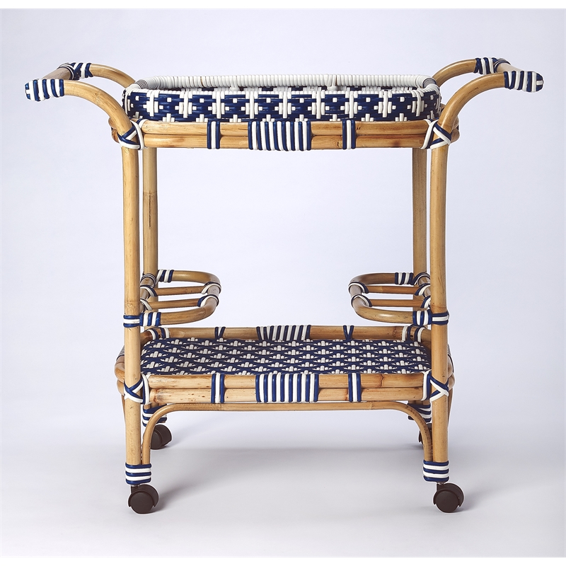 Beaumont Lane Island Living Rattan Bar Cart in Blue and White