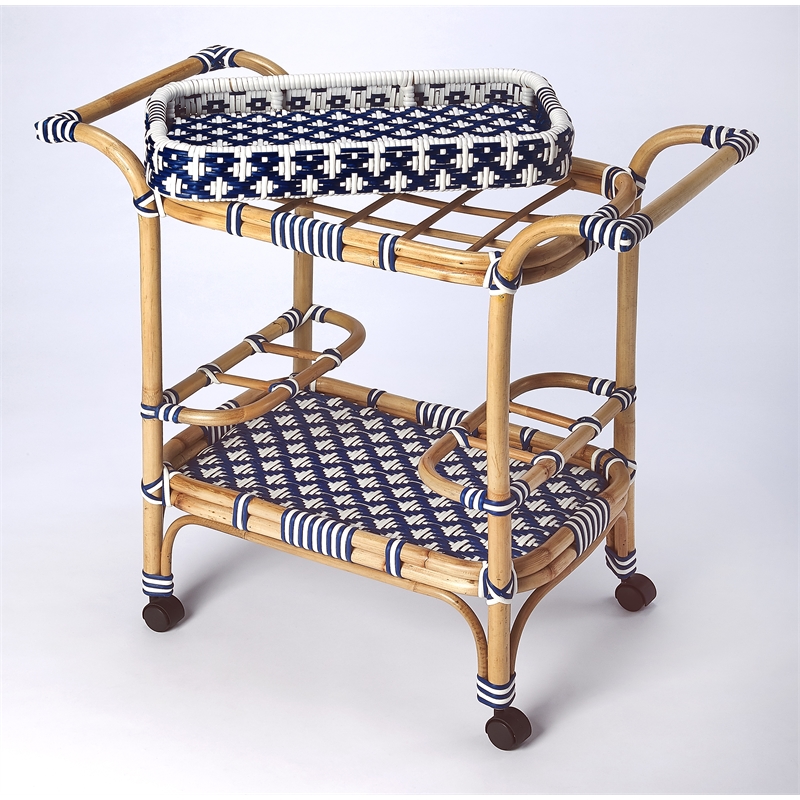 Beaumont Lane Island Living Rattan Bar Cart in Blue and White