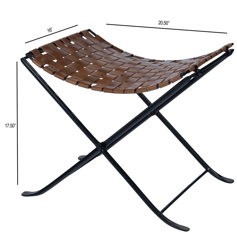 Beaumont Lane Rustic Industrial 17.5'' Transitional Metal/Leather Stool in Brown